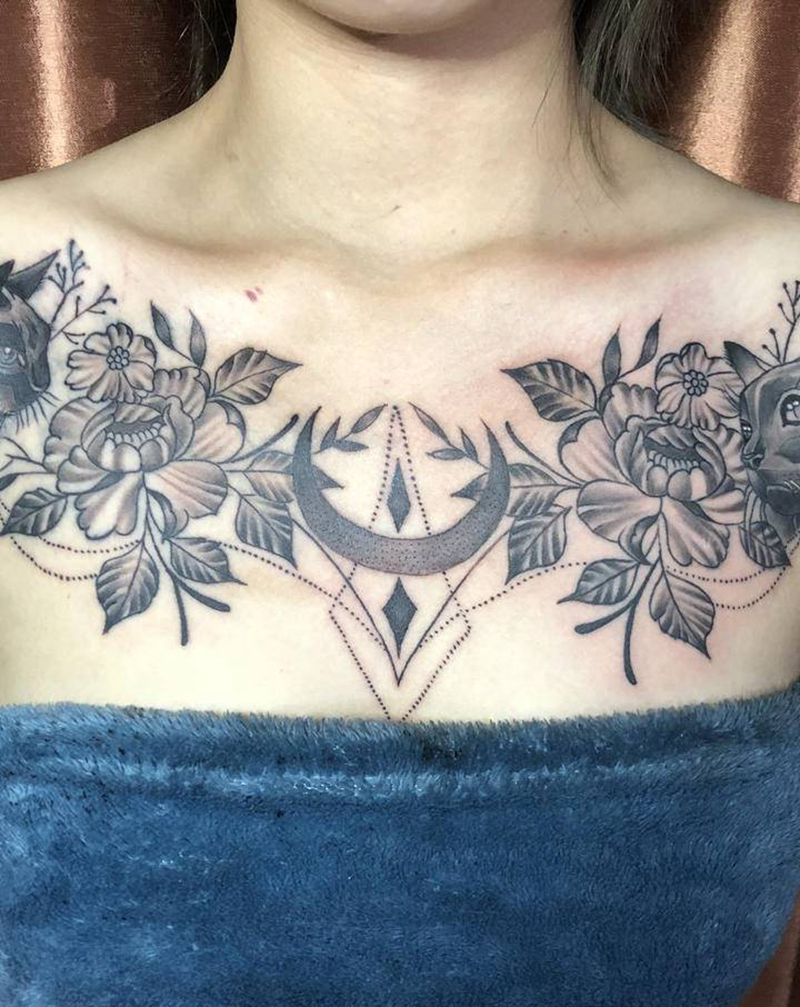 素花  猫咪纹身图片_胸部纹身图案