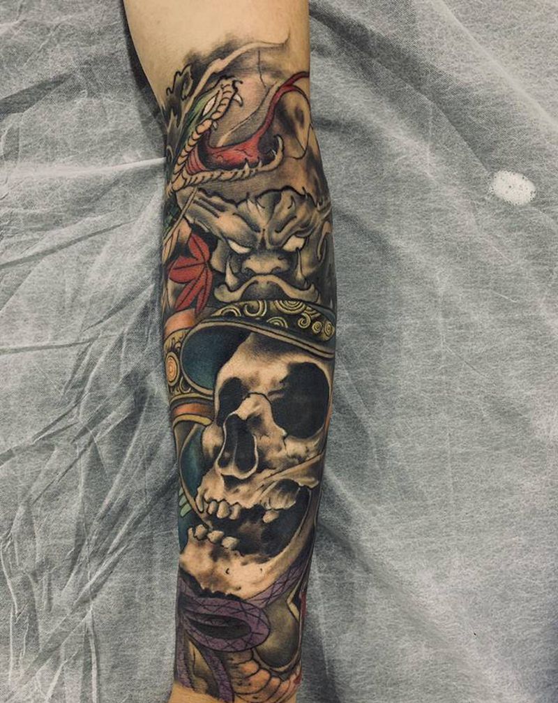 鬼武士纹身图片_手臂新传统欧美写实纹身图案