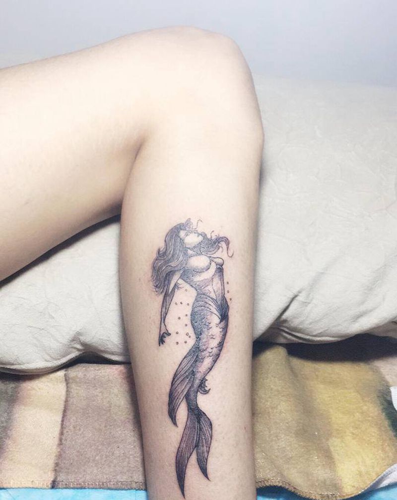 美人鱼纹身图片_腿部纹身图案