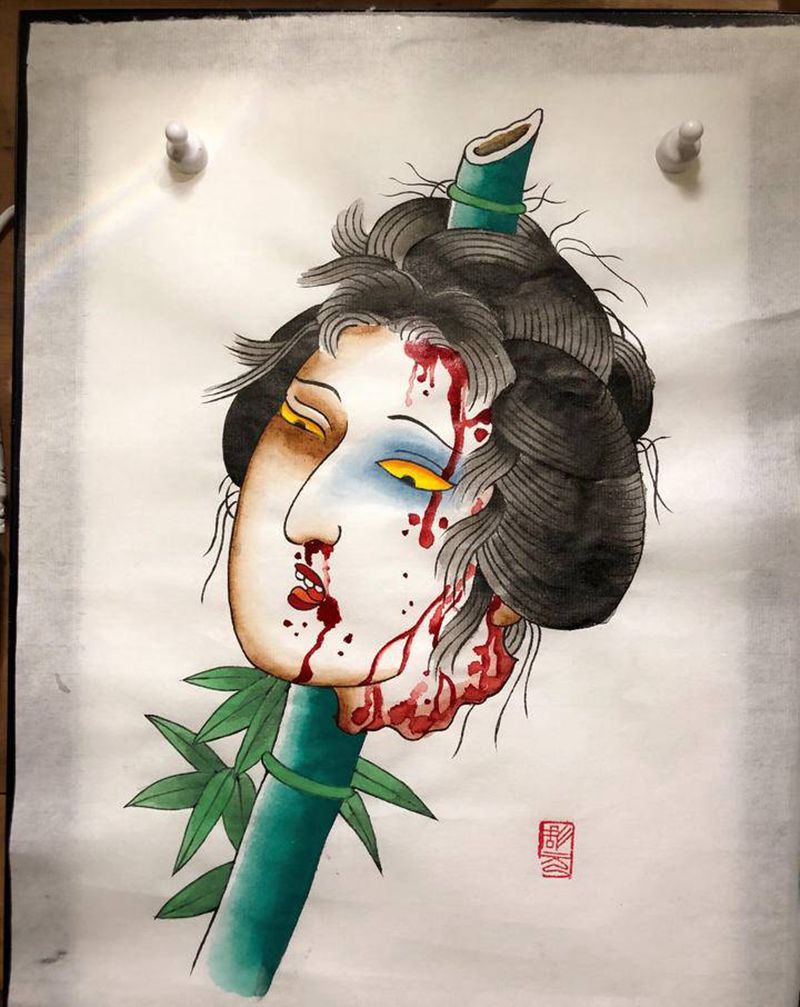 老传统生首纹身手稿纹身图片_老传统生首纹身图案