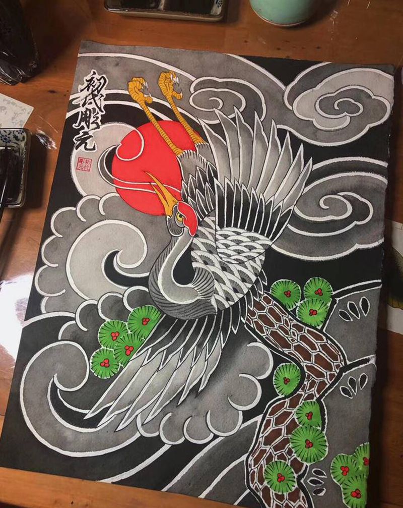 老传统纹身手稿鹤纹身图片_老传统鹤纹身图案