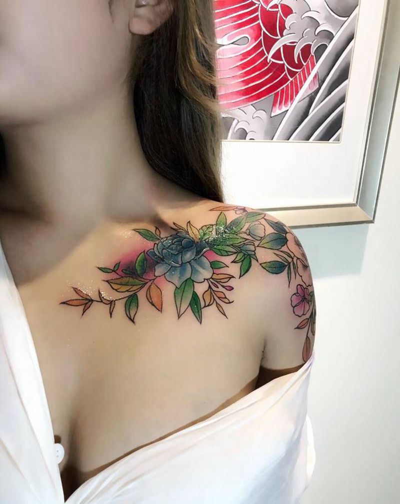 纹身遮盖纹身图片_胸部手臂Old School水彩纹身图案