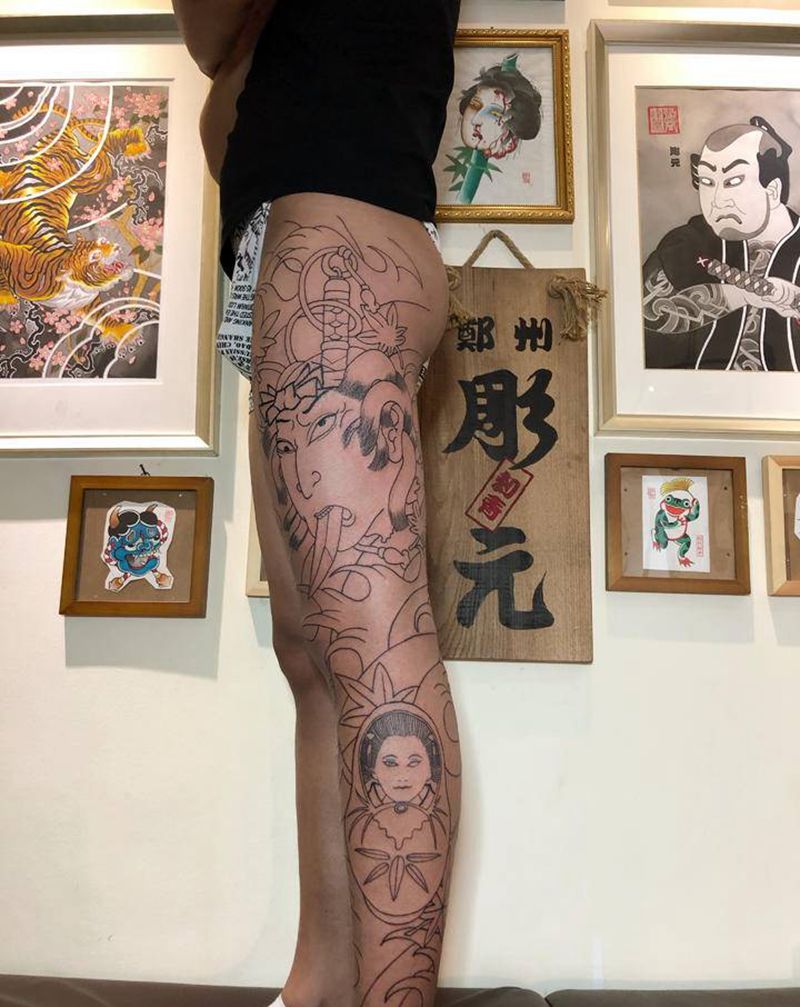 传统花腿纹身图片_腿部老传统纹身图案