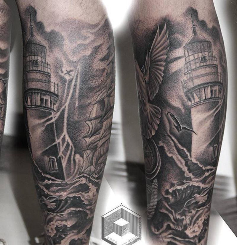 写实帆船类素材包小腿纹身图片_腿部欧美写实纹身图案