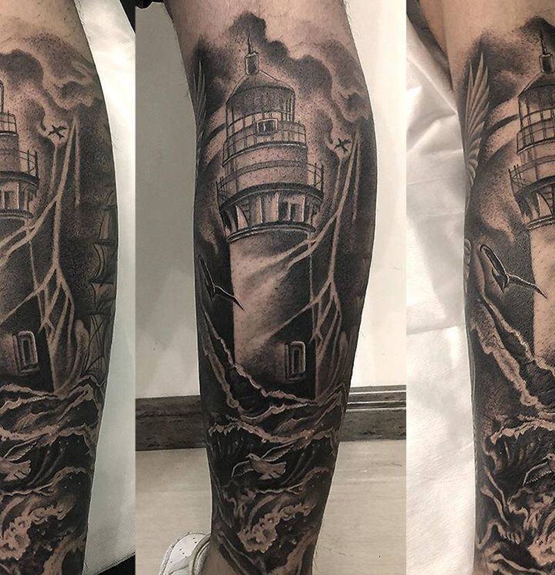 灯塔纹身图片_腿部欧美写实纹身图案