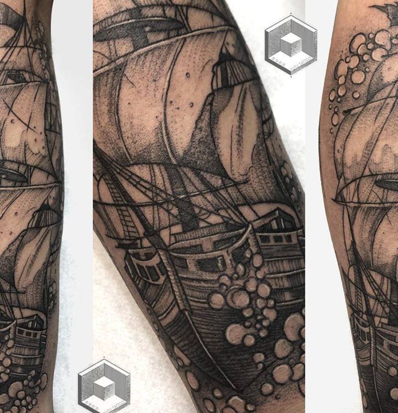 点刺帆船纹身图片_手臂点刺几何纹身图案