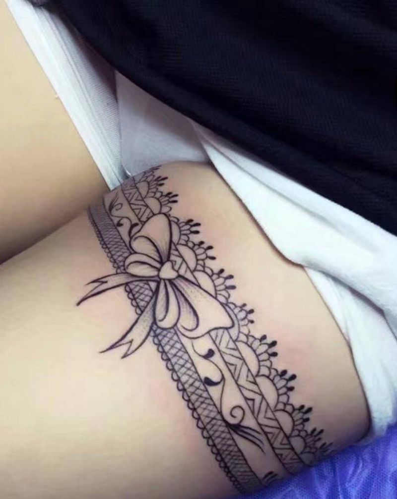 线条蕾丝纹身图片_腿部几何纹身图案