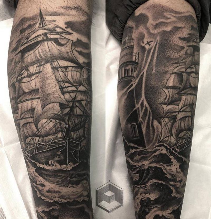 写实帆船纹身图片_腿部欧美写实纹身图案