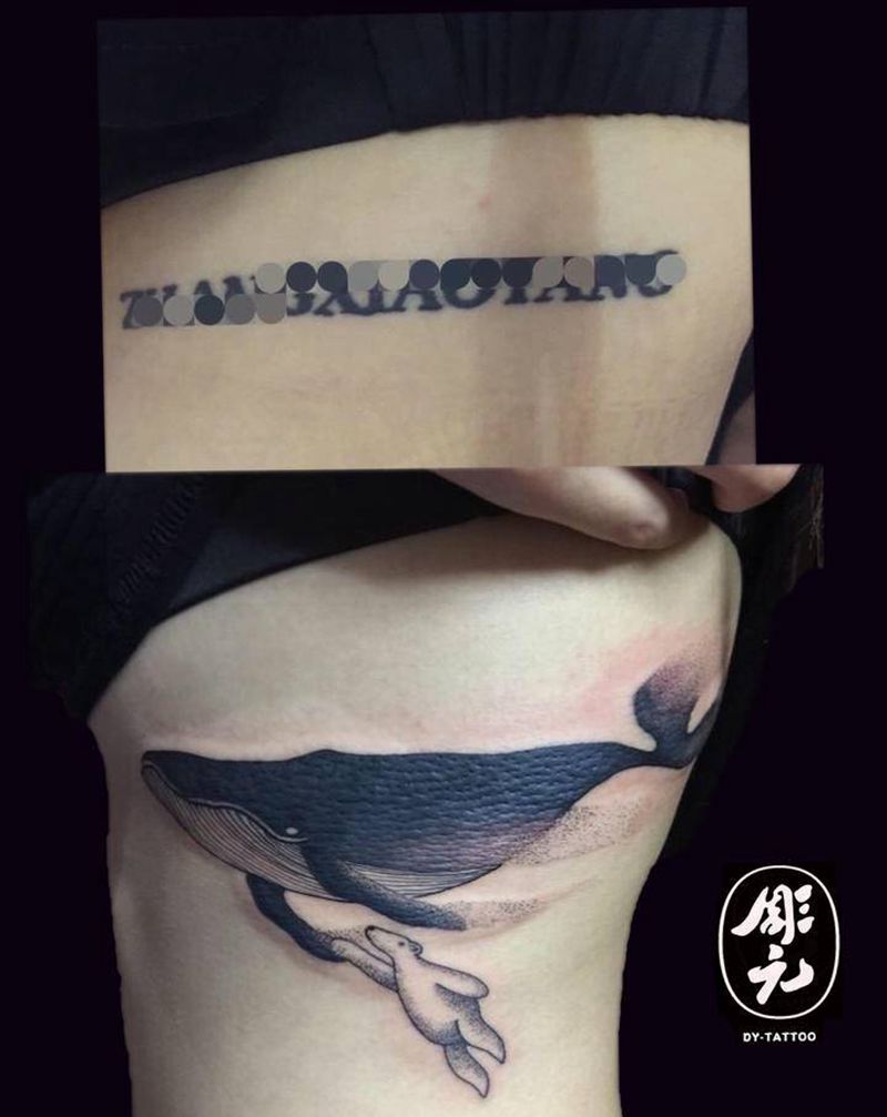 遮盖纹身图片_腰部背部水墨点刺纹身图案