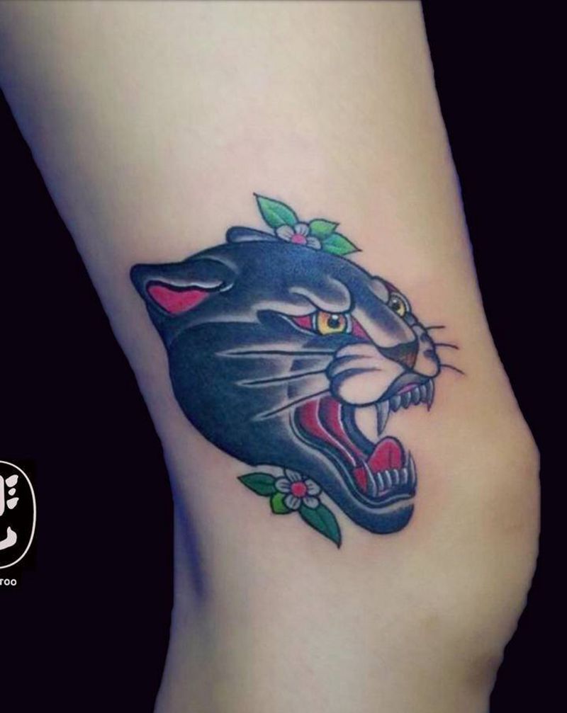 黑豹纹身图片_腿部Old School纹身图案