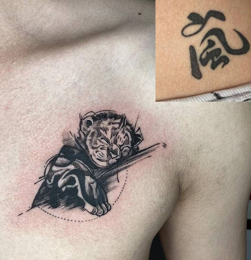遮盖纹身：小老虎纹身图片_肩部点刺几何纹身图案