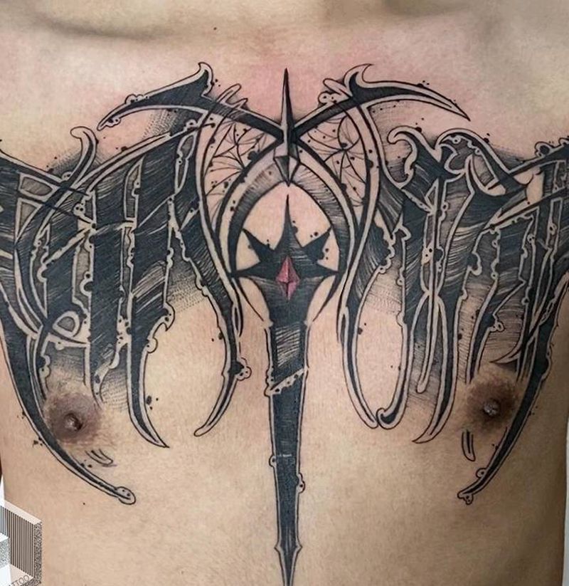 花胸花体字纹身图片_胸部花体字纹身图案