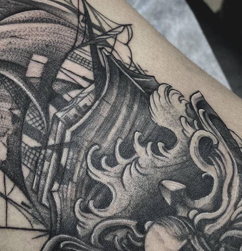 侧腰线条点刺帆船细节纹身图片_腰部点刺纹身图案