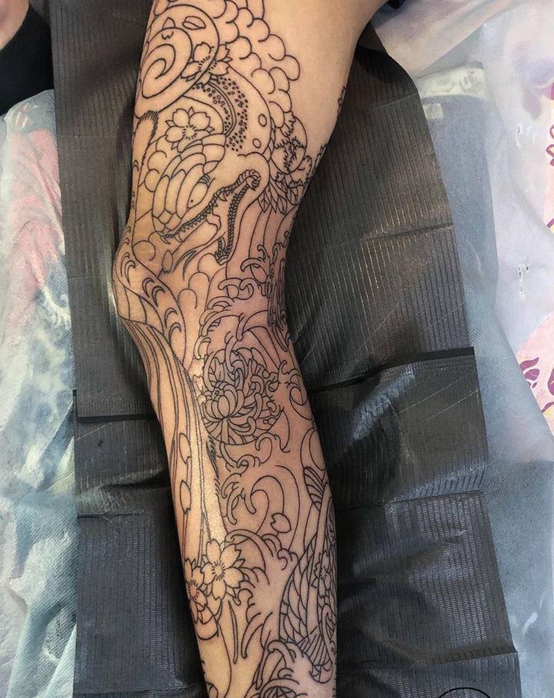 线纹身图片_腿部老传统纹身图案