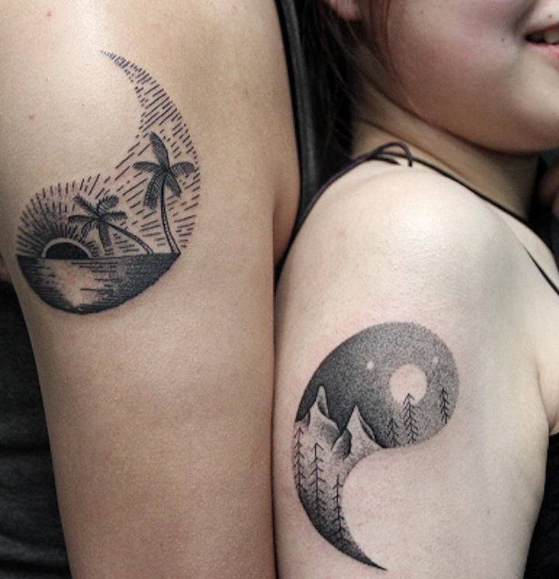 情侣纹身☯️山海纹身图片_手臂点刺几何纹身图案