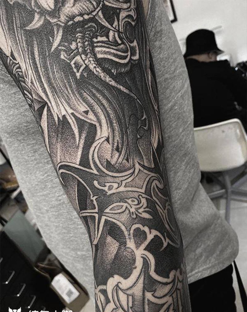 暗黑花臂恢复后细节纹身图片_手臂点刺几何纹身图案