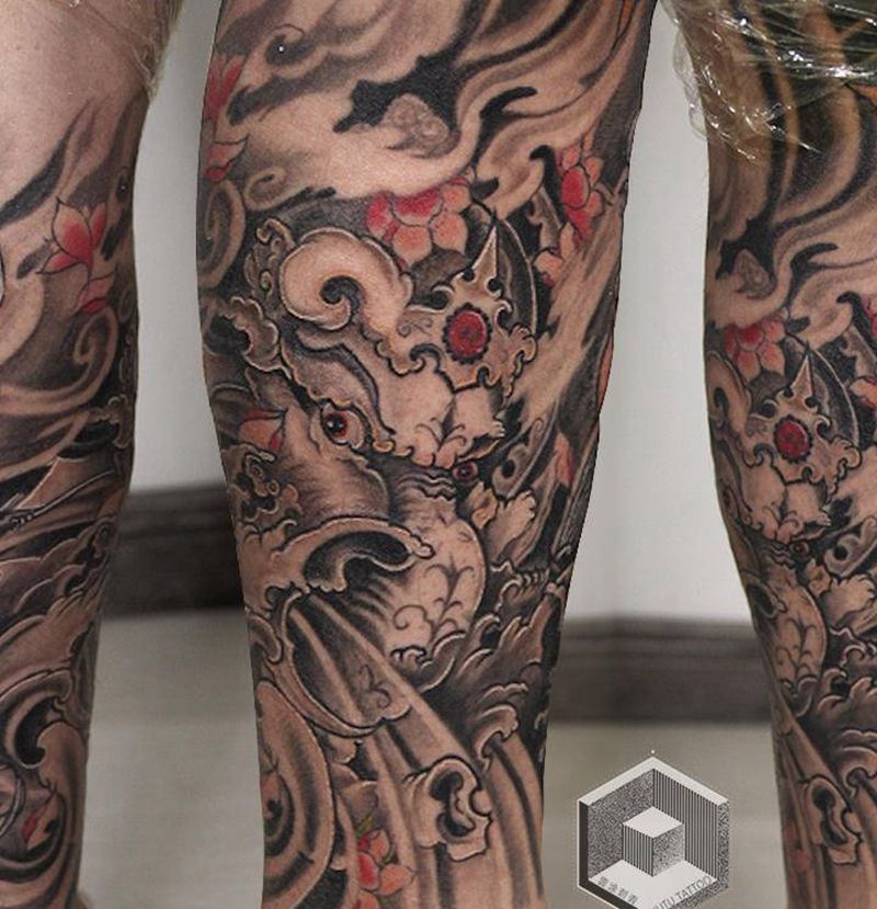 传统象神修改老纹身包小腿纹身图片_腿部新传统纹身图案