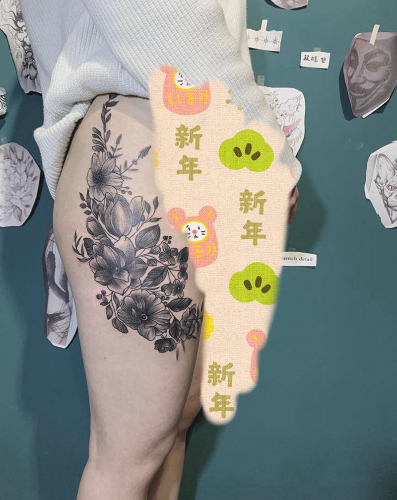 点刺素花纹身图片_臀部腿部点刺大腿位置风格纹身图案