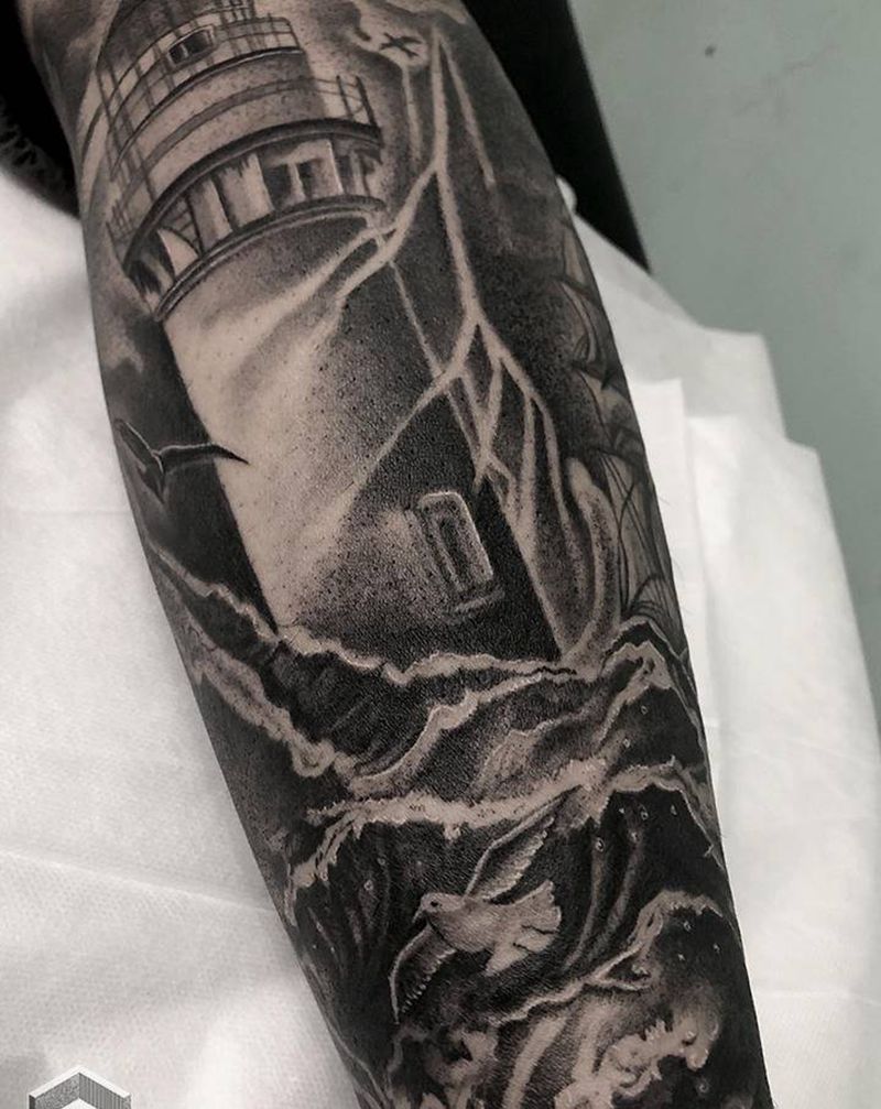 写实灯塔细节纹身图片_脚部欧美写实纹身图案