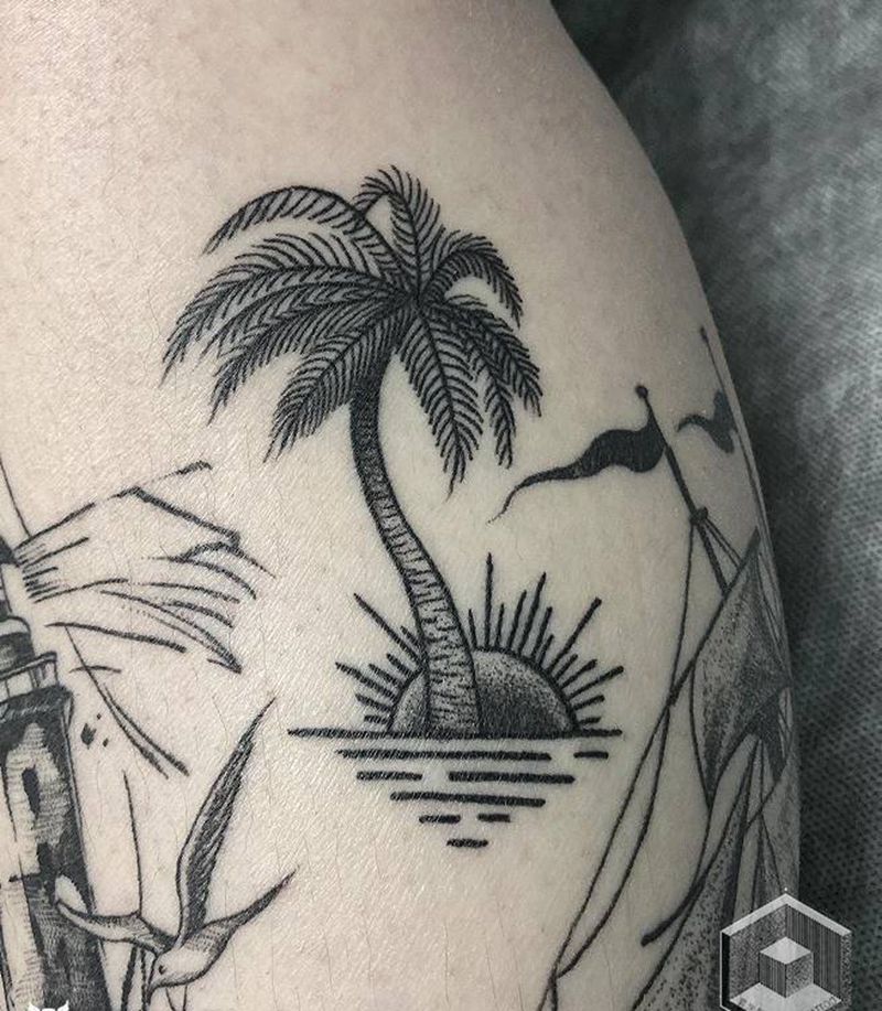 恢复后的椰子树纹身图片_腿部点刺几何纹身图案