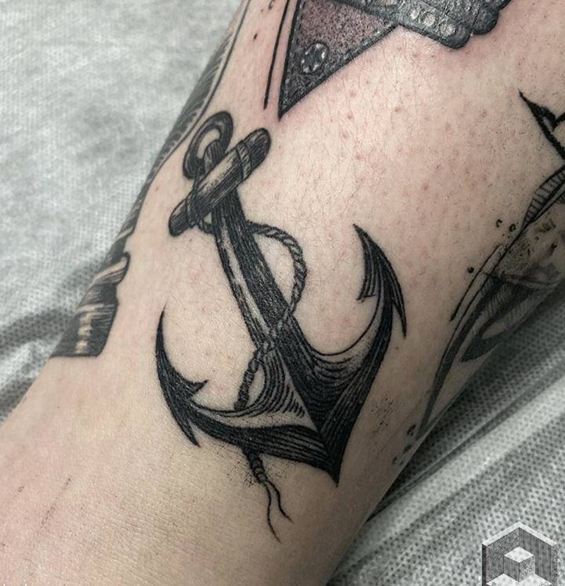 船锚恢复后纹身图片_腿部点刺几何纹身图案