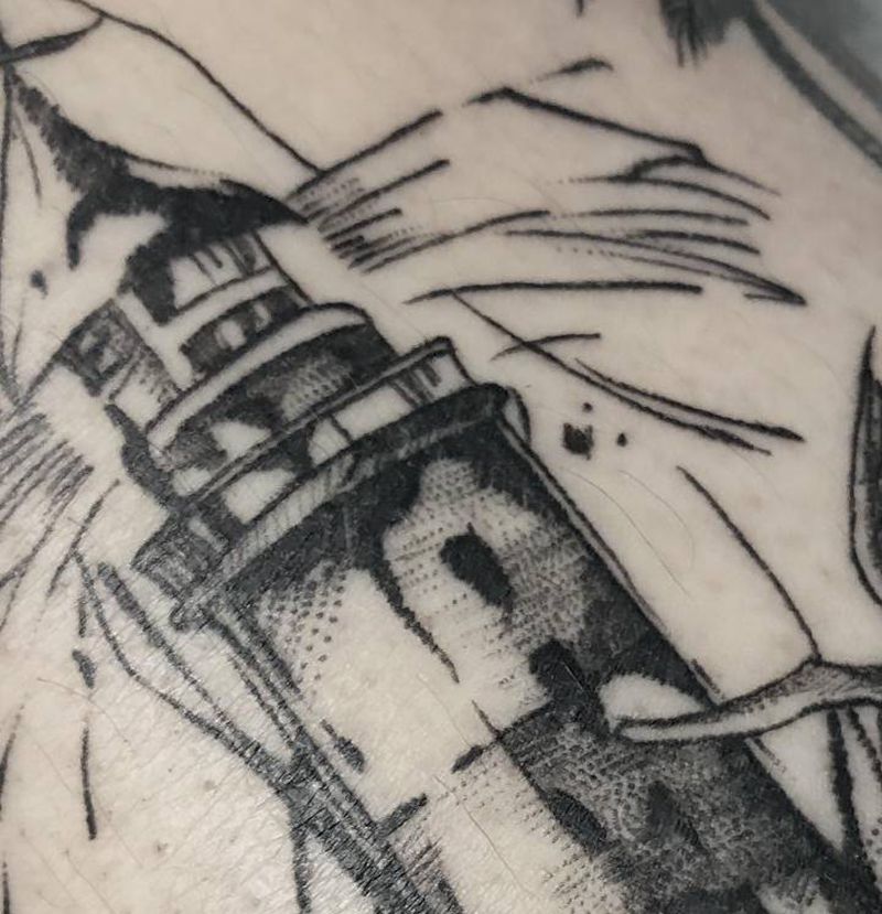 线条灯塔细节恢复后纹身图片_腿部点刺几何纹身图案