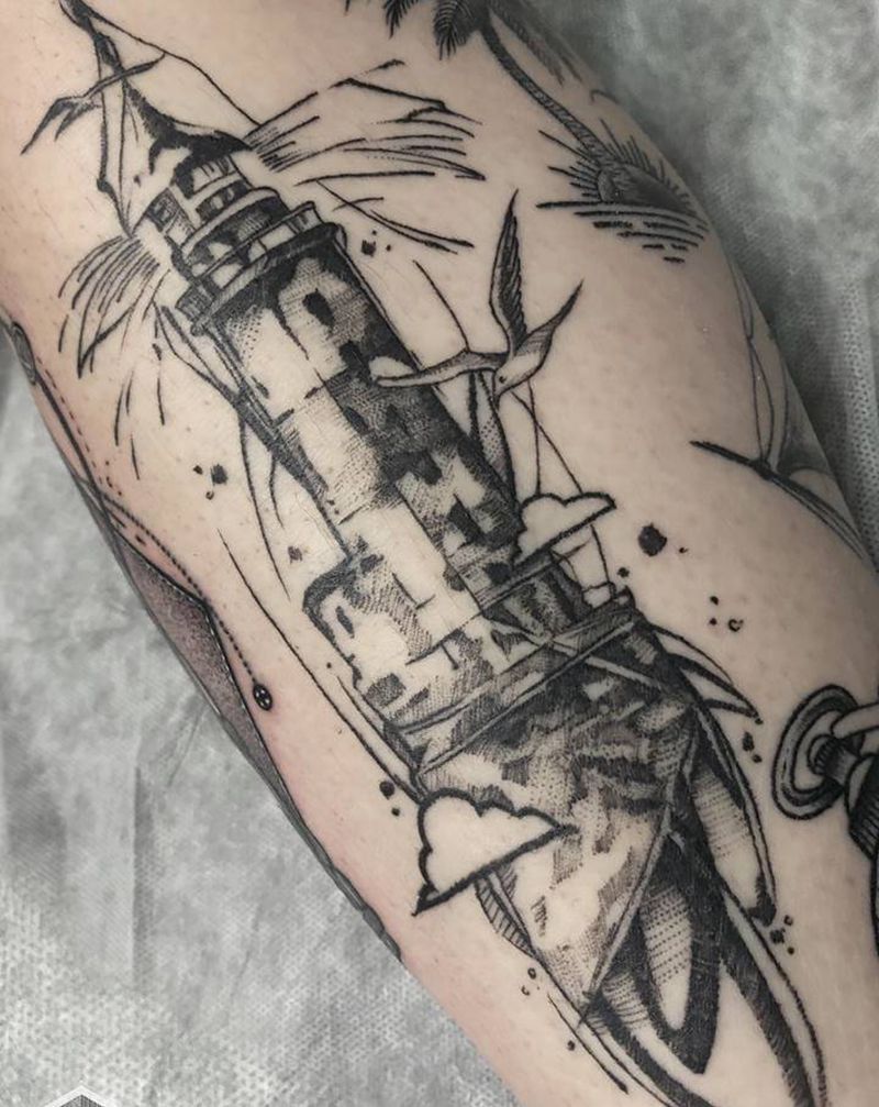 线条灯塔恢复后纹身图片_脚部点刺几何纹身图案