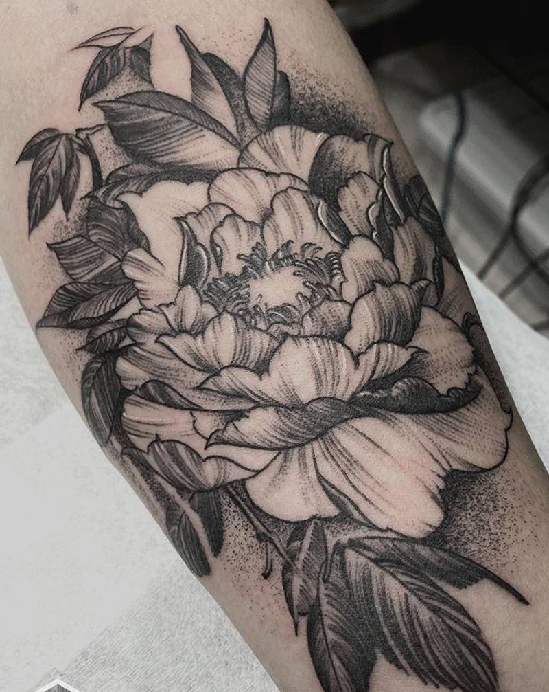 点刺线条牡丹花纹身图片_手臂点刺纹身图案