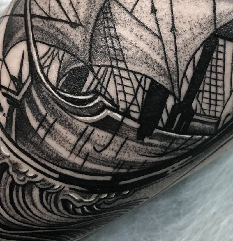 点刺帆船细节纹身图片_脚部点刺几何纹身图案