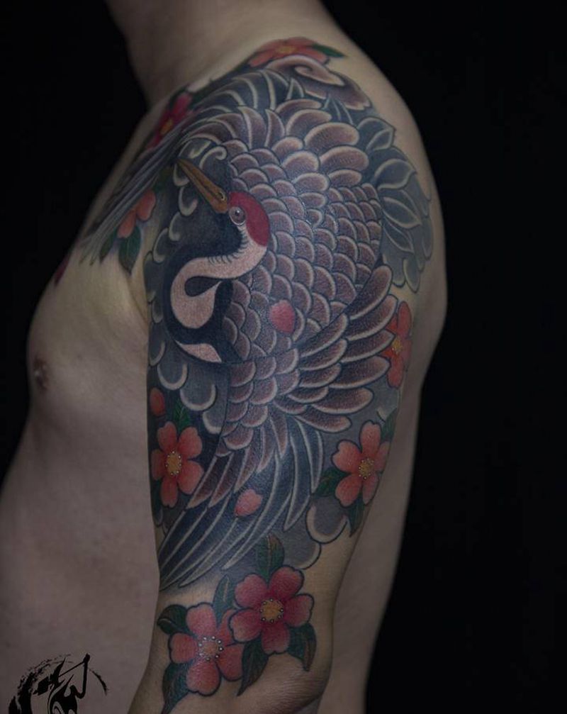 日式仙鹤纹身纹身图片_肩部手臂老传统仙鹤纹身图案