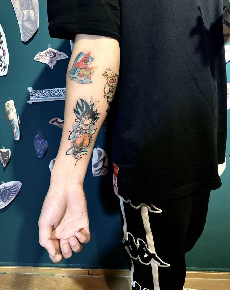 七龙珠 派大星 辛普森纹身图片_手臂New School水彩孙悟空七龙珠风格纹身图案