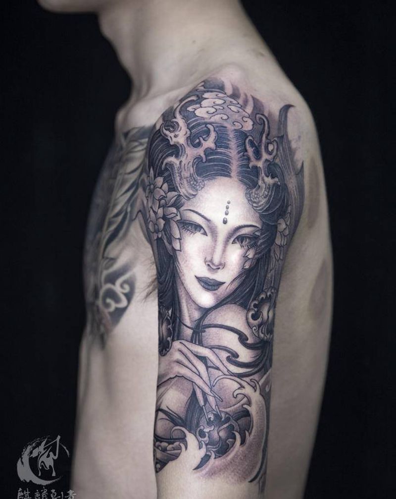 龙女？龙妓？不知道咋叫纹身图片_手臂新传统老传统龙女 龙妓艺妓纹身图案