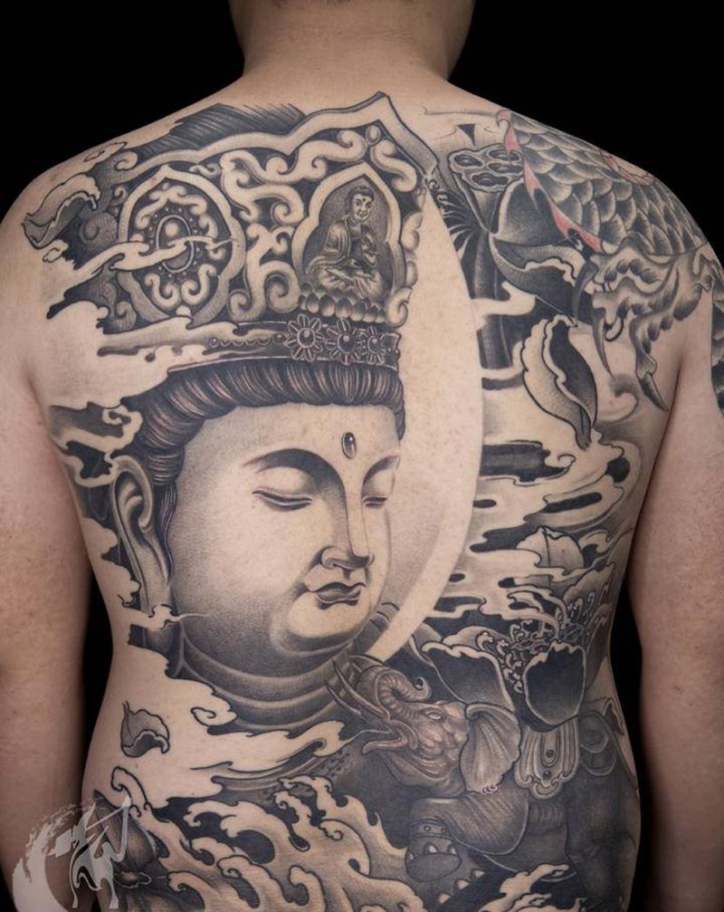 恢复后的满背佛纹身图片_背部新传统老传统菩萨佛大象纹身图案