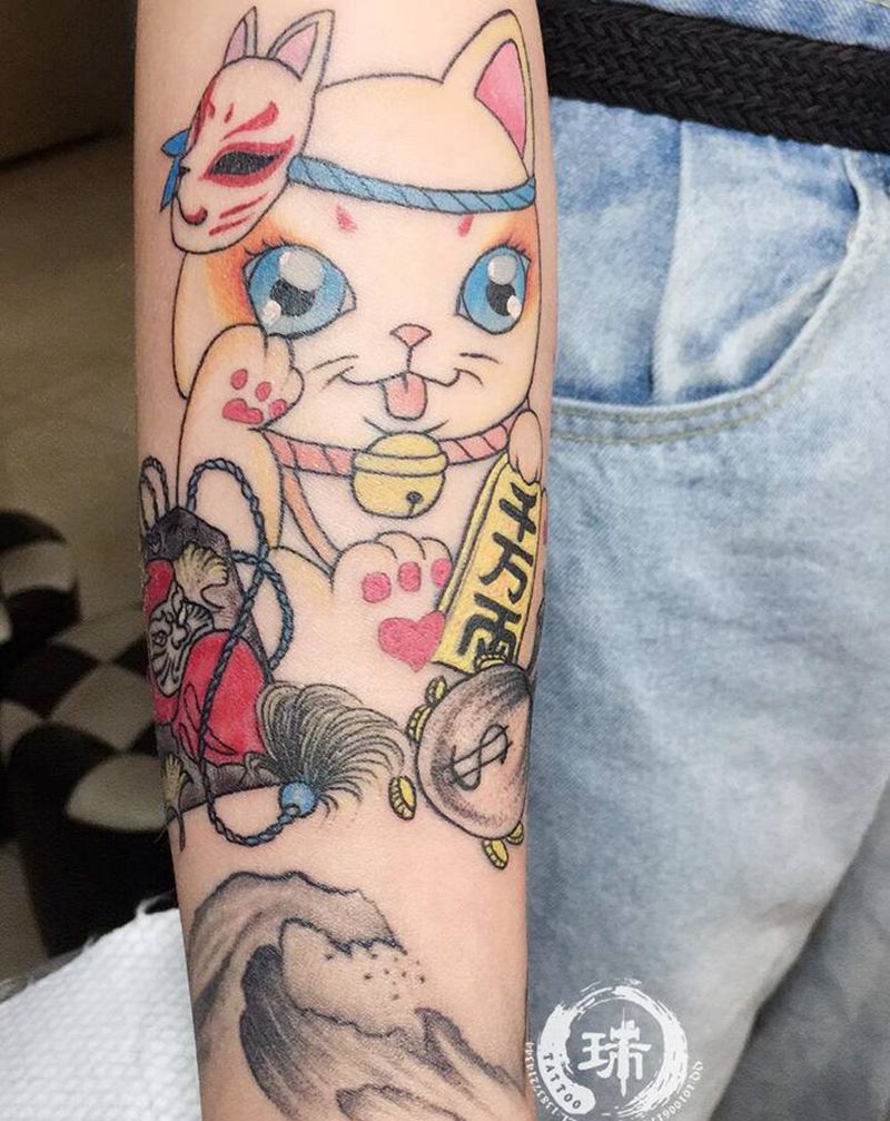 招财猫纹身图片_手臂纹身图案