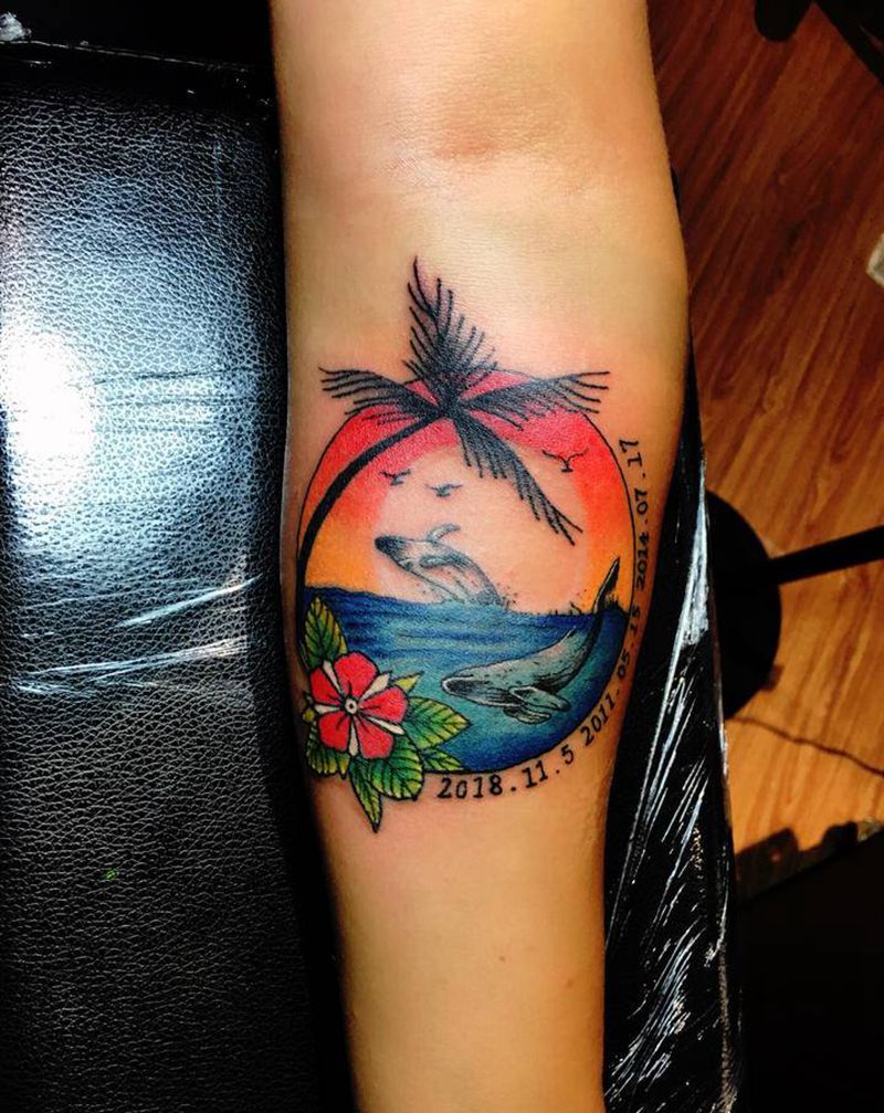 椰子树大海纹身图片_手臂New School纹身图案
