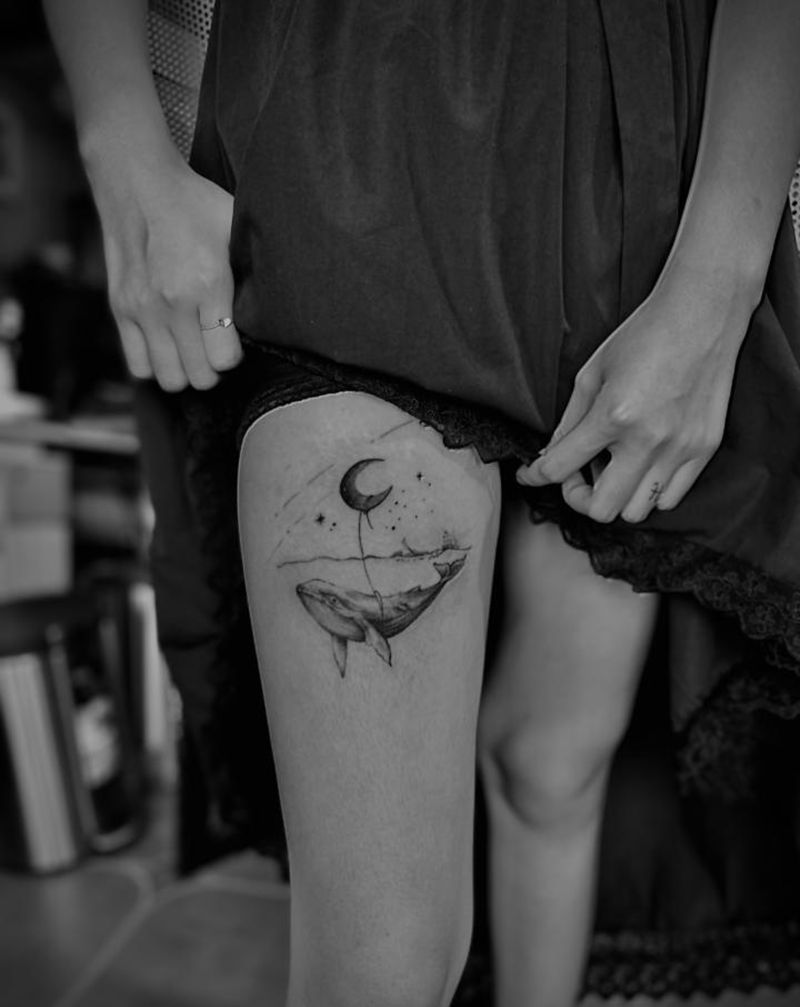 鲸鱼纹身图片_腿部点刺纹身图案
