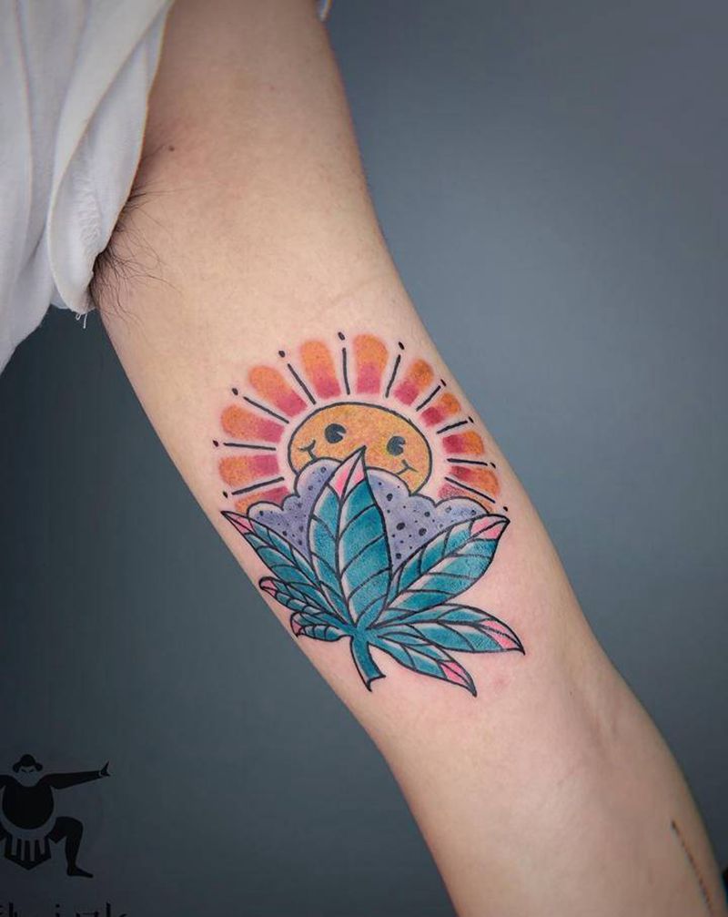 叶子和太阳纹身图片_手臂Old School纹身图案