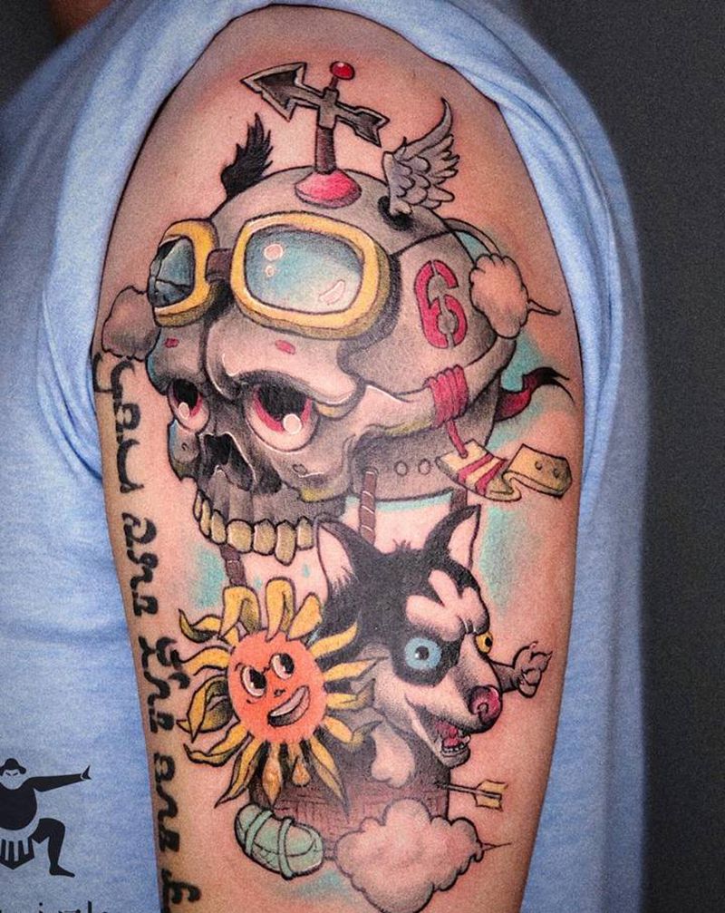 热气球哈士奇向日葵纹身图片_手臂New School纹身图案
