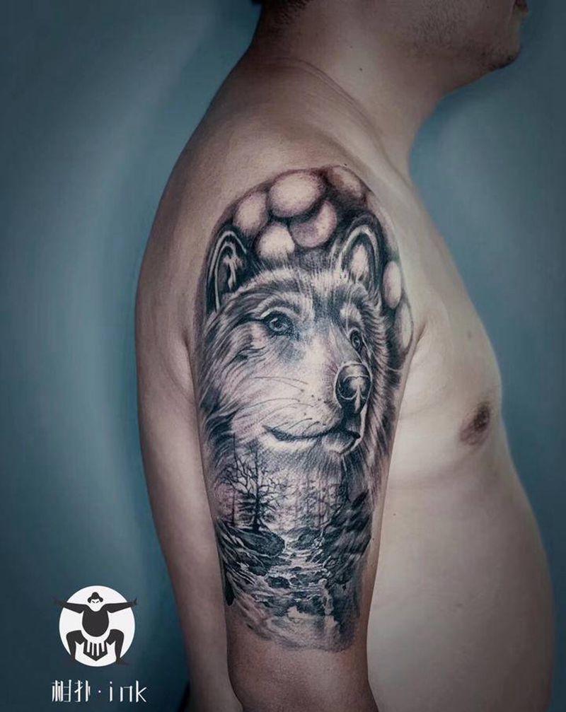 哈士奇纹身图片_手臂欧美写实纹身图案