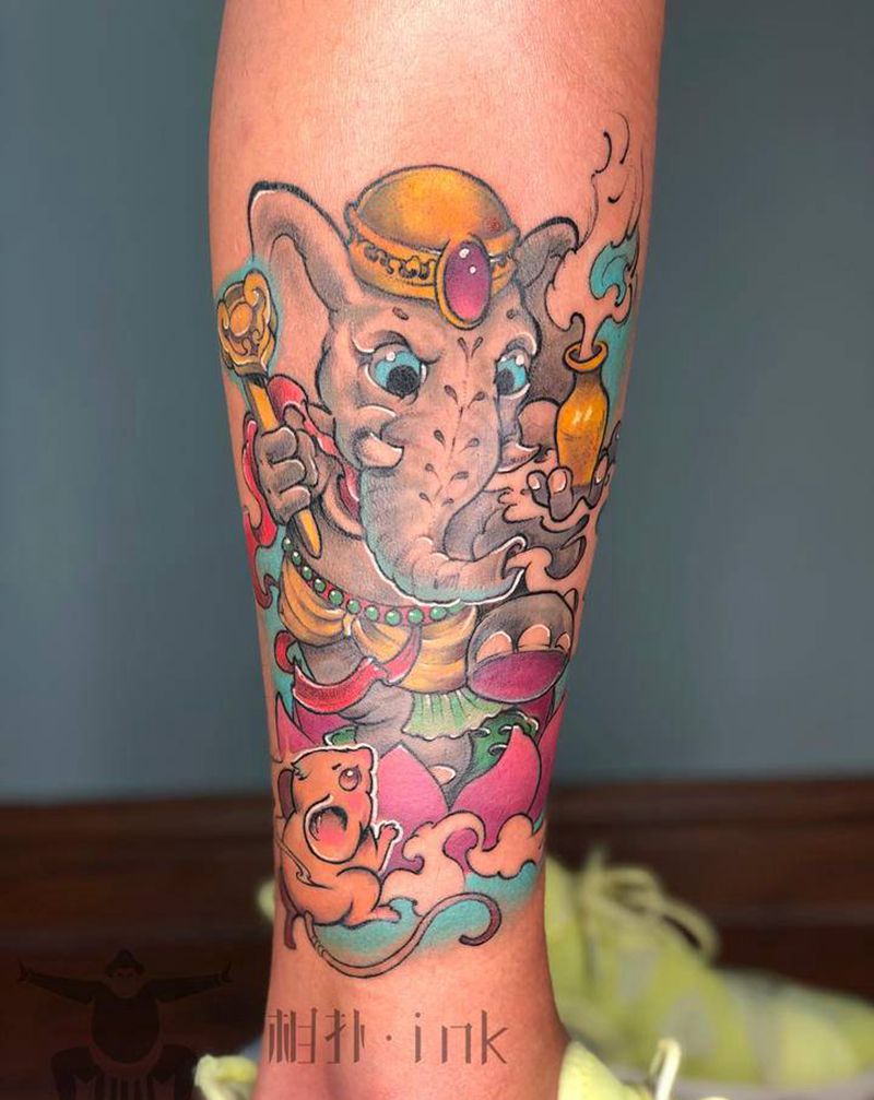 象神纹身图片_腿部New School纹身图案