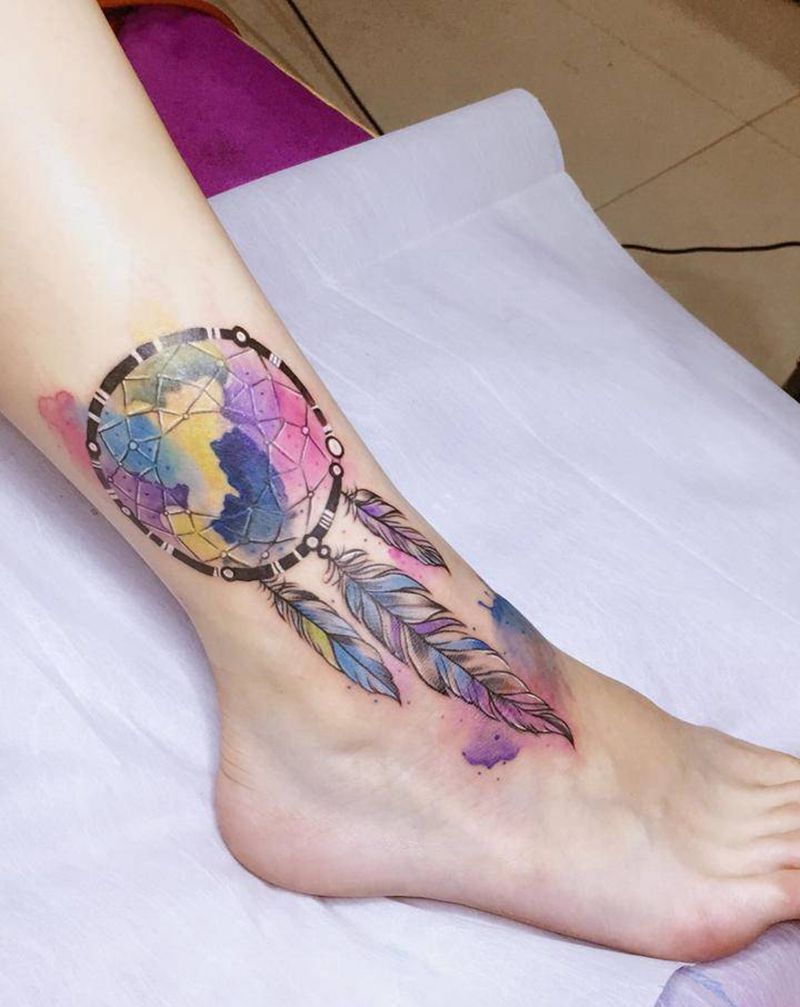 疤痕遮盖 捕梦网纹身图片_腿部脚部水彩纹身图案