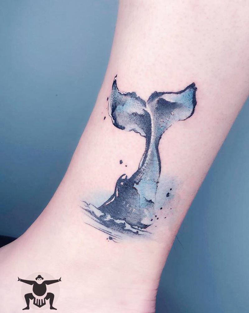 鲸鱼尾巴纹身图片_腿部脚部水彩水墨纹身图案