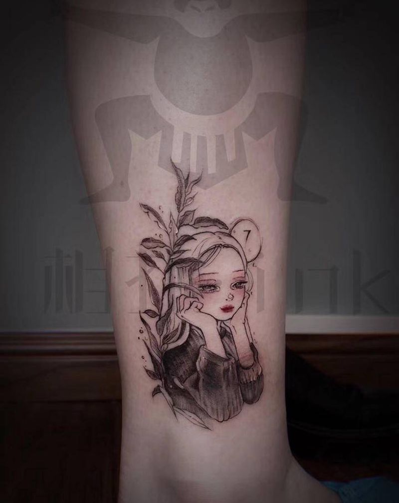 遮疤 美女纹身图片_腿部点刺纹身图案