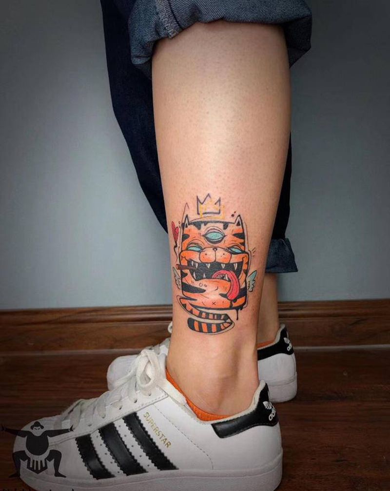 小老虎纹身图片_腿部New School纹身图案