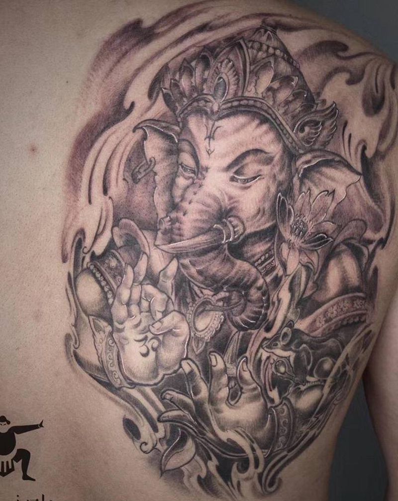 象神纹身图片_背部新传统纹身图案
