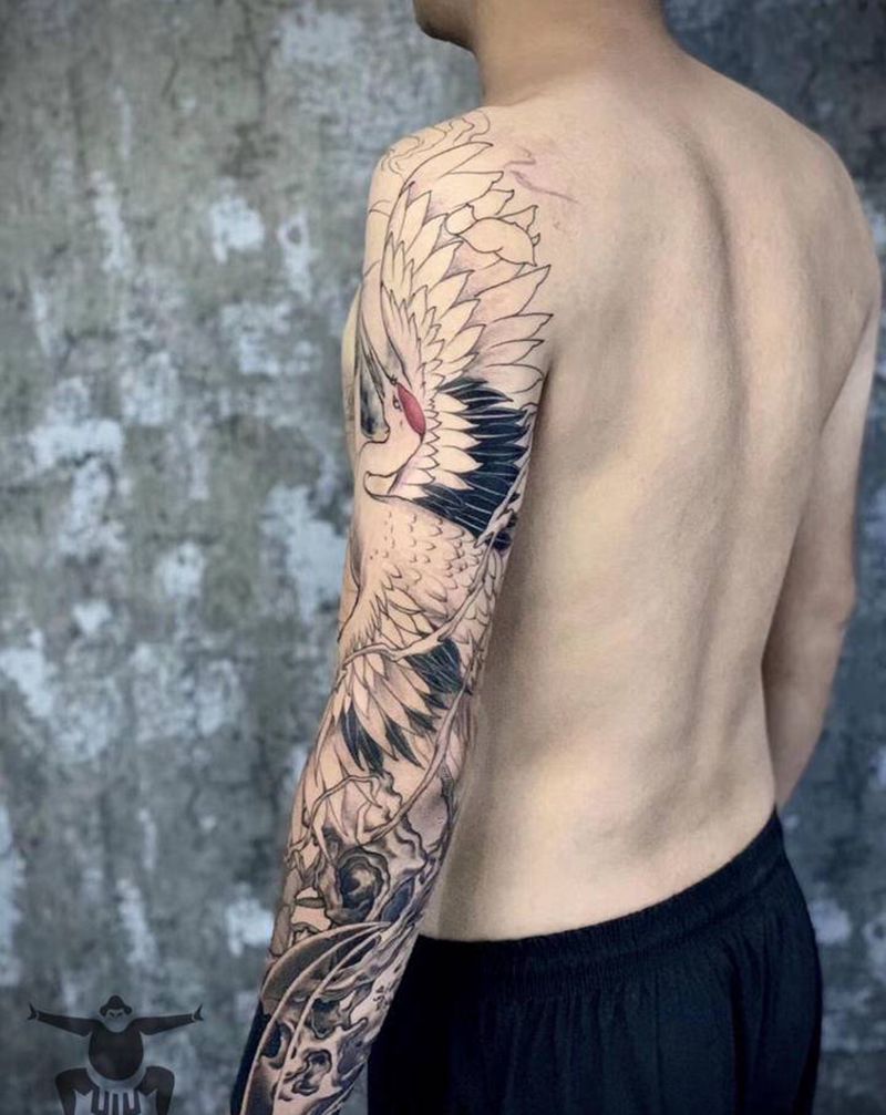 仙鹤 未完成纹身图片_手臂新传统纹身图案