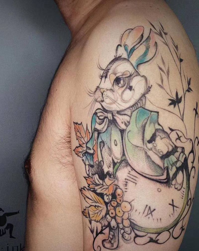 兔先生纹身图片_手臂水彩点刺纹身图案