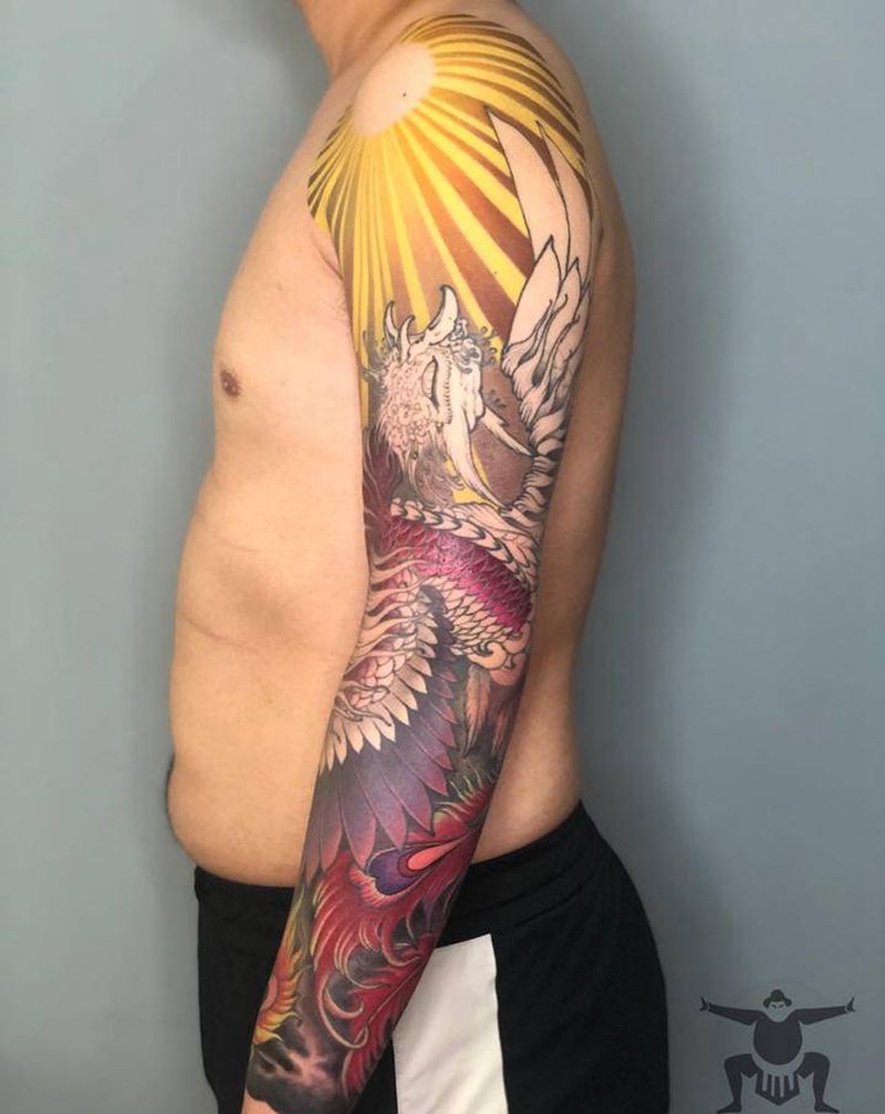 凤凰花臂未完成纹身图片_手臂新传统纹身图案