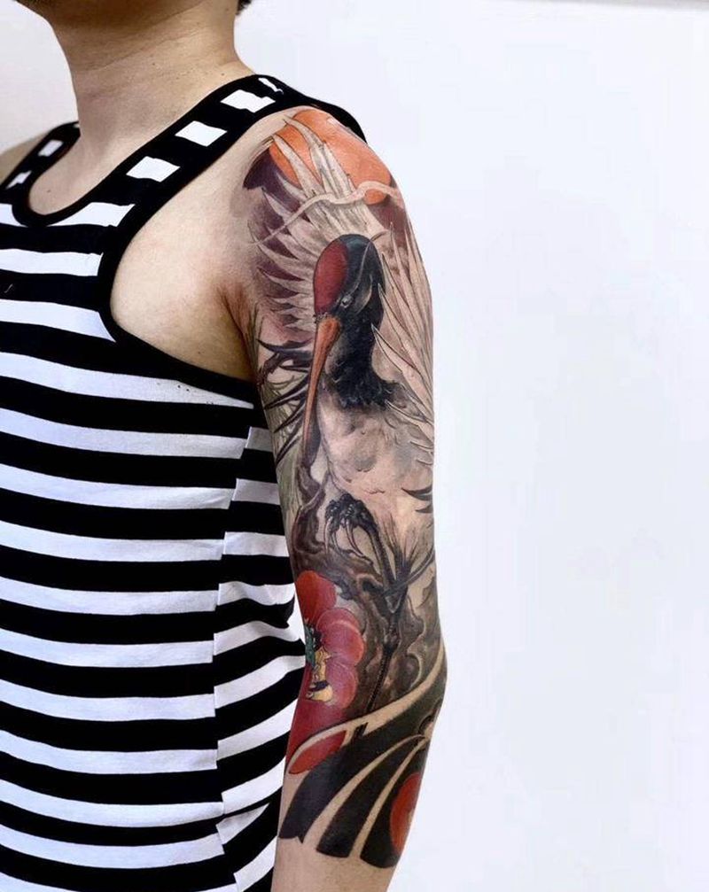 七分袖 仙鹤纹身图片_手臂新传统纹身图案