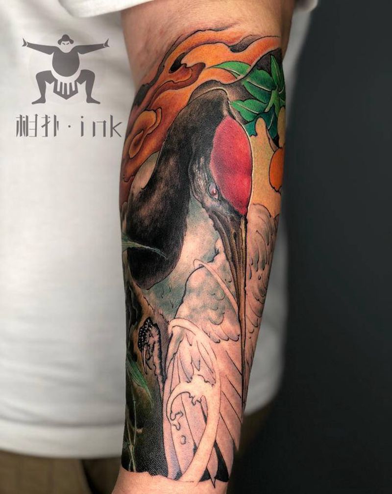 仙鹤 包小臂纹身图片_手臂新传统纹身图案